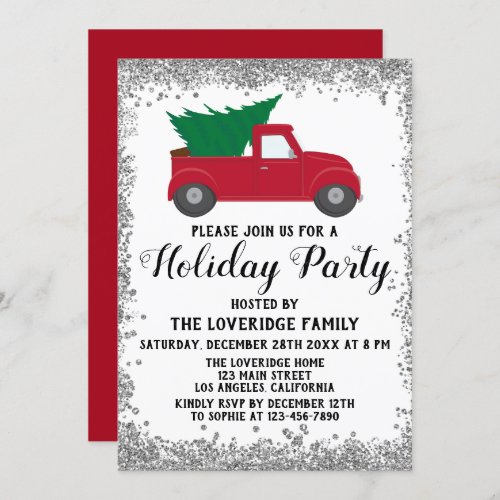 Red Truck Xmas Tree Christmas Holiday Party Silver Invitation