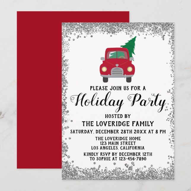 Red Truck Xmas Tree Christmas Holiday Party Silver Invitation (Front/Back)