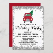 Red Truck Xmas Tree Christmas Holiday Party Silver Invitation