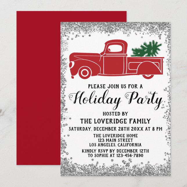 Red Truck Xmas Tree Christmas Holiday Party Silver Invitation (Front/Back)