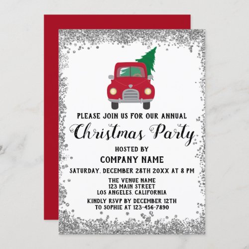Red Truck Xmas Tree Company Christmas Party Silver Invitation