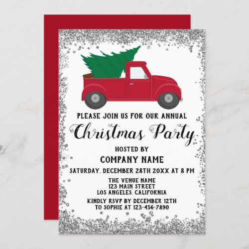 Red Truck Xmas Tree Company Christmas Party Silver Invitation