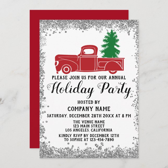 Red Truck Xmas Tree Company Holiday Party Silver Invitation (Front/Back)