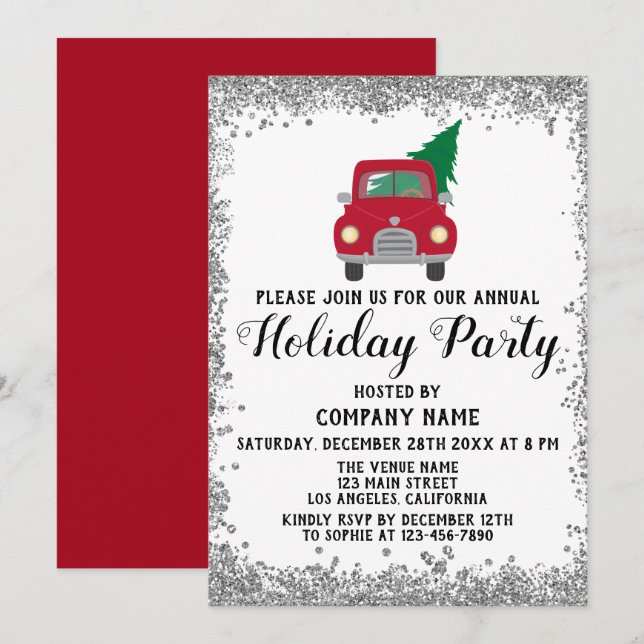 Red Truck Xmas Tree Company Holiday Party Silver Invitation (Front/Back)