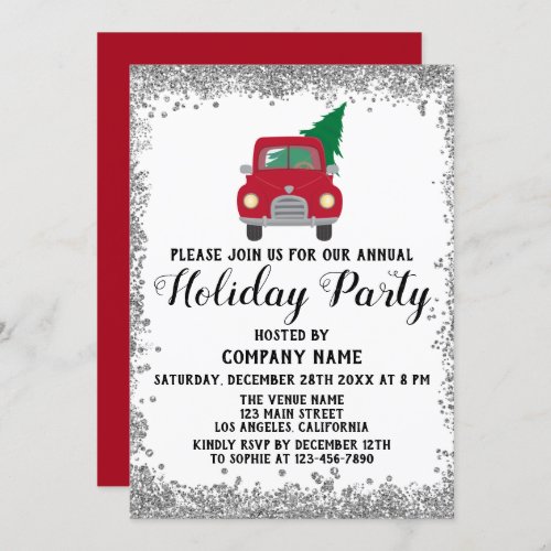 Red Truck Xmas Tree Company Holiday Party Silver Invitation