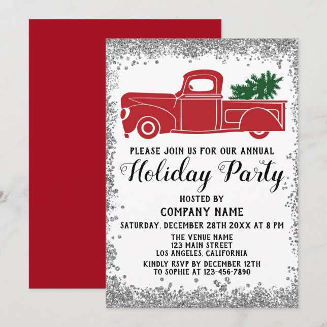 Red Truck Xmas Tree Company Holiday Party Silver Invitation (Front/Back)