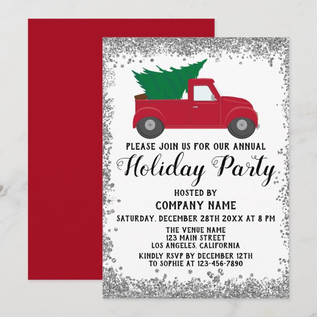 Red Truck Xmas Tree Company Holiday Party Silver Invitation (Front/Back)