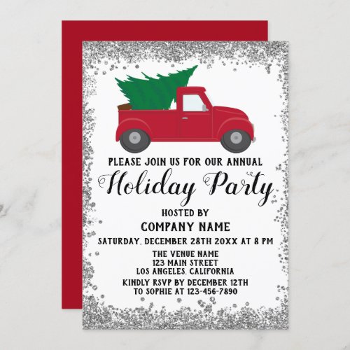 Red Truck Xmas Tree Company Holiday Party Silver Invitation