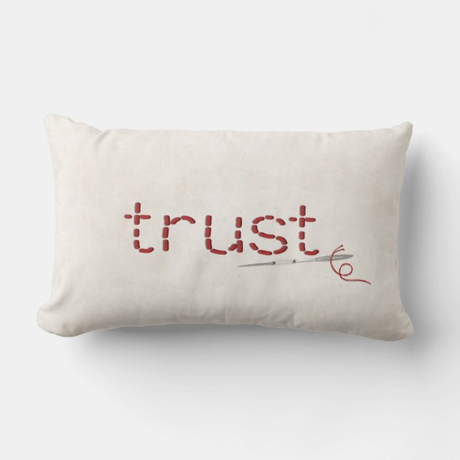 red TRUST text stitch with needle Lumbar Pillow (Front)