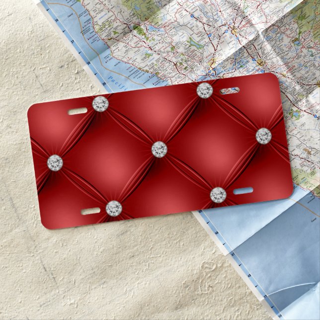 Red Tufted Small Square Decorative Pattern License Plate (In Situ)