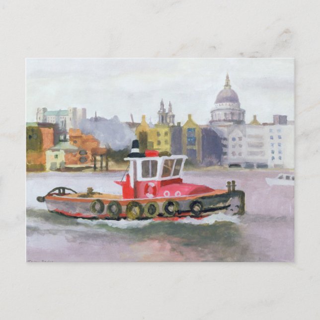Red Tug passing St. Pauls 1996 Postcard (Front)