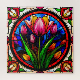 Red Tulip and Colorful Floral Motifs Jigsaw Puzzle