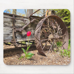 Red Tulip and Old Wagon Mouse Pad