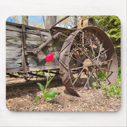 Red Tulip and Old Wagon Mouse Pad