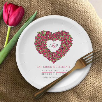 Red Tulip Bouquet Ink Art Heart Wedding  Paper Plates by mylittleedenweddings at Zazzle