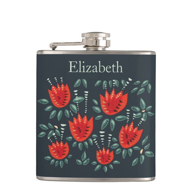 Red Tulip Dark Floral Pattern Custom Name Hip Flask (Front)