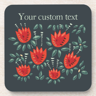 Red Tulip Dark Floral Pattern Custom Text Beverage Coaster