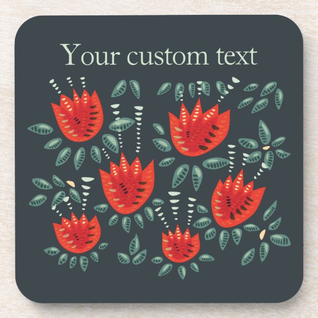 Red Tulip Dark Floral Pattern Custom Text Beverage Coaster (Front)