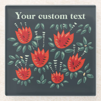 Red Tulip Dark Floral Pattern Custom Text Glass Coaster