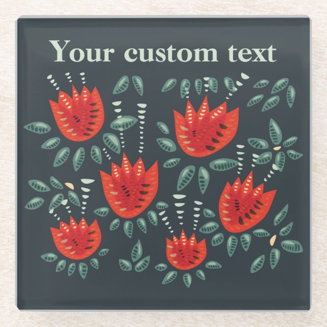 Red Tulip Dark Floral Pattern Custom Text Glass Coaster (Front)
