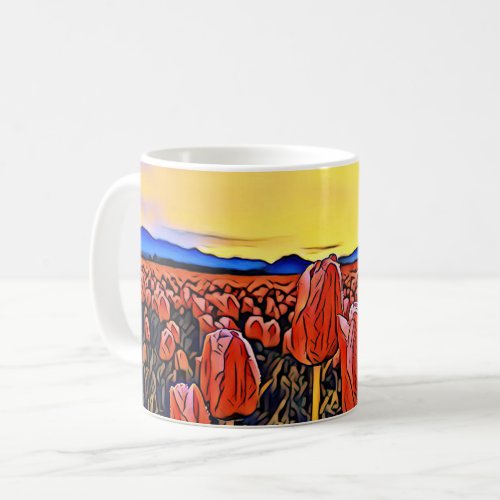 Red Tulip Field Painting Mug