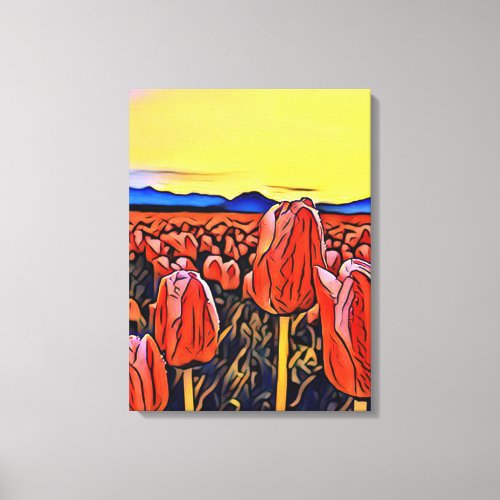 Red Tulip Field Painting Stretched Canvas Print