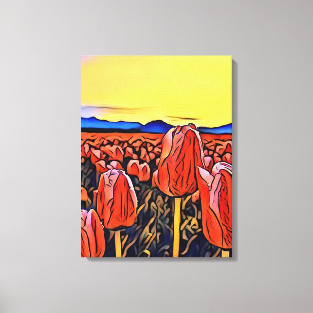 Red Tulip Field Painting Stretched Canvas Print (Front)