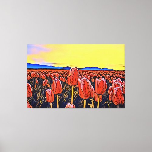 Red Tulip Field Painting Stretched Canvas Print
