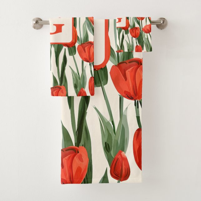 Red tulip field pattern personalized monogram  bath towel set (Insitu)