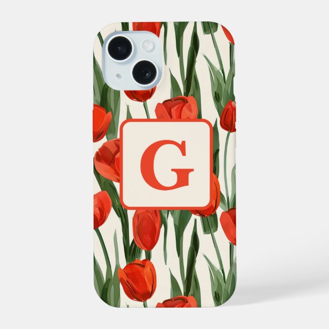 Red tulip field pattern personalized monogram  iphone case (Back)