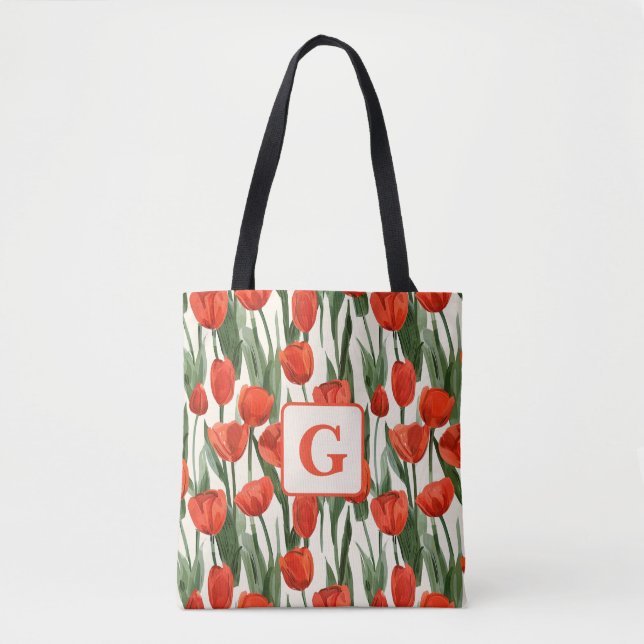 Red tulip field pattern personalized monogram  tote bag (Front)
