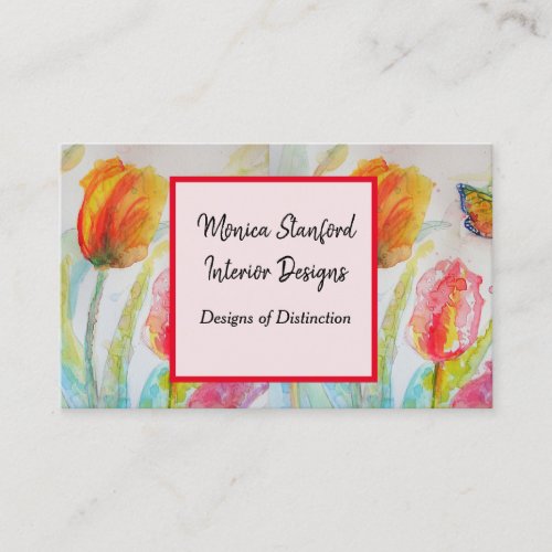 Red Tulip Floral Flowers Watercolour Business Card