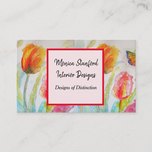 Red Tulip Floral Flowers Watercolour Business Card (Front)