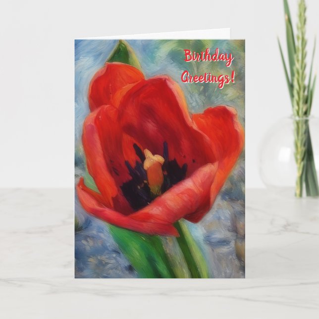 Red Tulip Flower Art Birthday Card (Front)