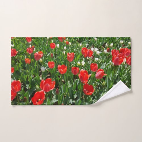 Red Tulip Flower Field Nature Photography Hand Towel