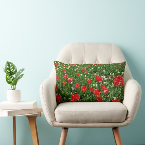Red Tulip Flower Field Nature Photography Lumbar Pillow
