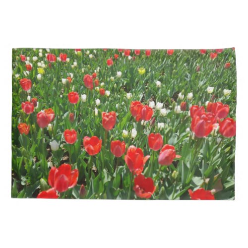 Red Tulip Flower Field Nature Photography Pillow Case