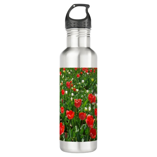 Red Tulip Flower Field Nature Photography Stainless Steel Water Bottle (Front)