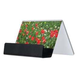 Red Tulip Flower Field Photo Desk Business Card Holder