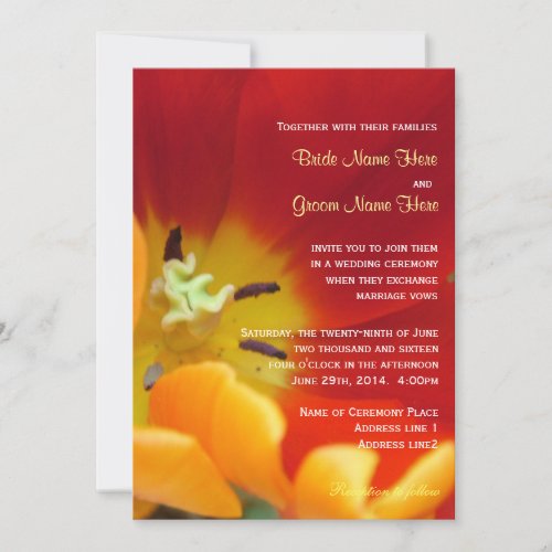 Red tulip flower macro shot wedding invitation