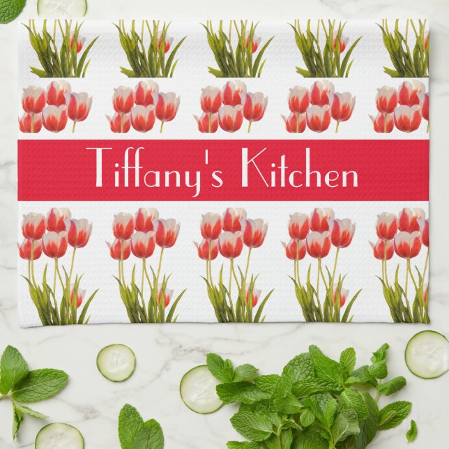 Red Tulip  Flower Personalized Floral  Kitchen Towel (Folded)