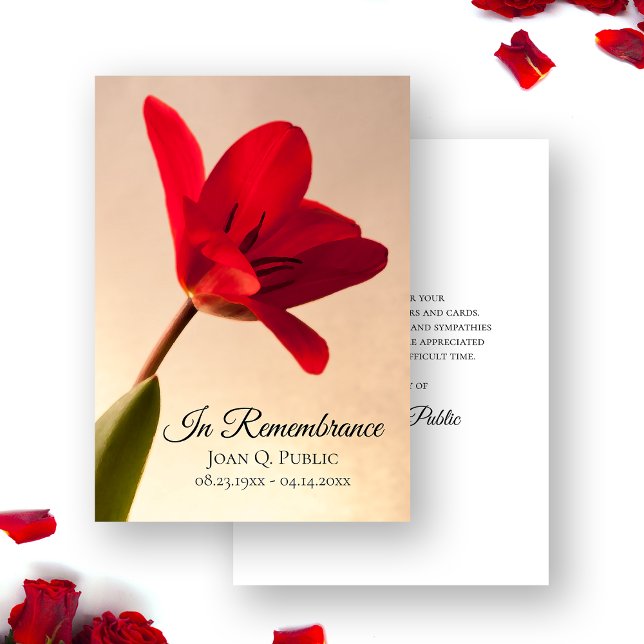 Red Tulip Flower Spring Funeral Memorial Sympathy Thank You Card (Creator Uploaded)