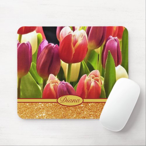 Red Tulip Flowers Gold Sparkles Floral Name Mouse Pad