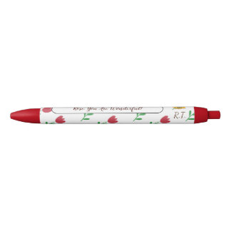 Red Tulip Flowers Pattern Monogram Initials Pen