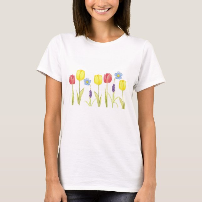 Red Tulip Flowers Spring Garden Drawing T-Shirt (Front)