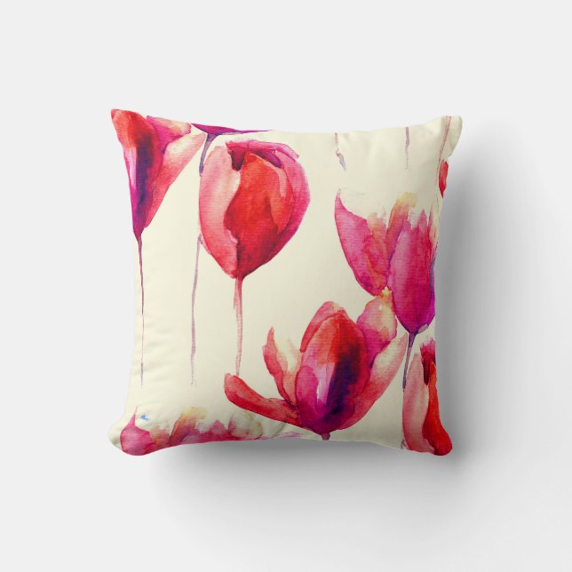 Red Tulip Flowers Watercolor Throw Pillow (Front)