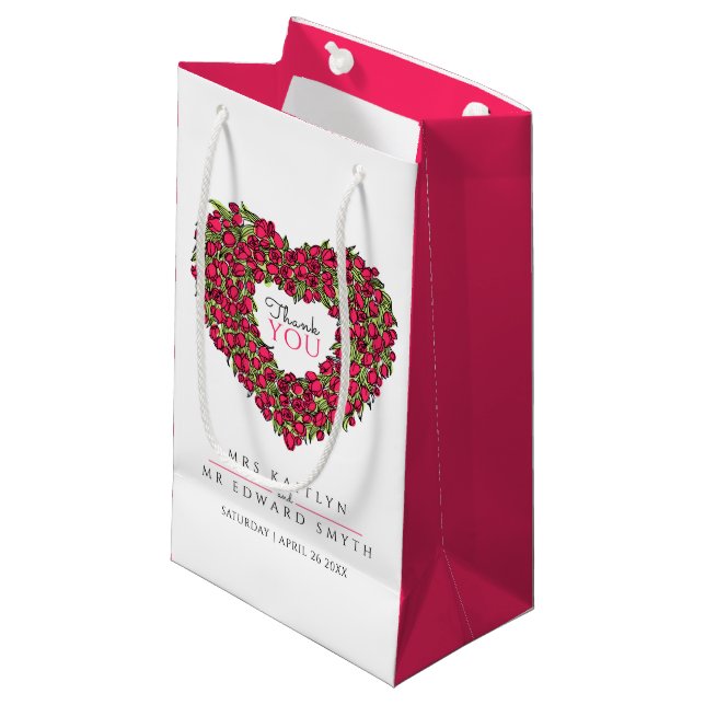 Red tulip heart art thank you wedding favor small gift bag (Front Angled)
