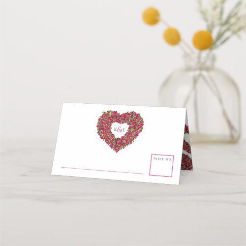 Red tulip heart drawing monogram wedding place card
