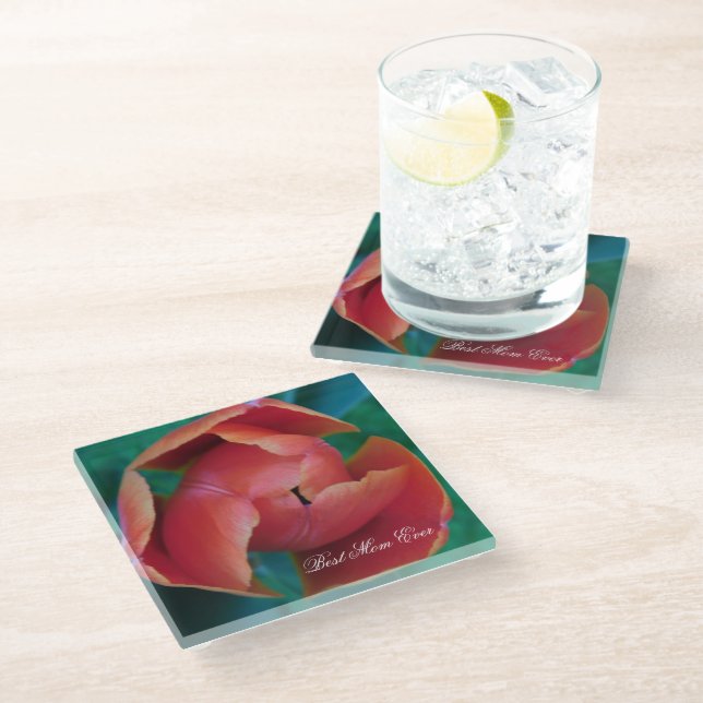 Red Tulip Macro Photo Personalized Coaster (Angled)