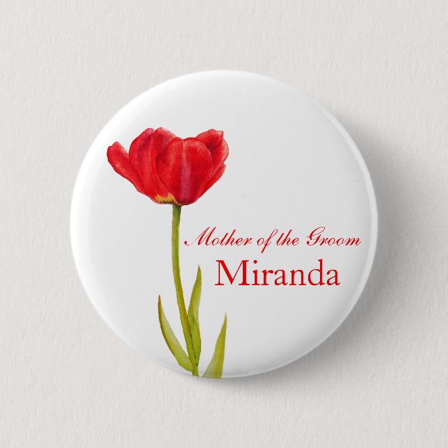 Red tulip mother of the groom wedding pin button (Front)